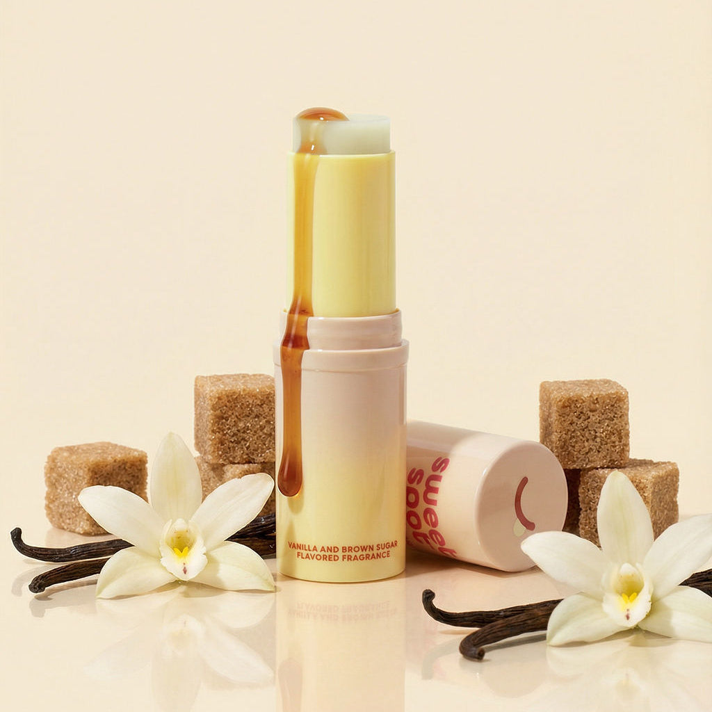 Vanilla-scented  and flavored fragrance product with vanilla beans and flowers on a beige background